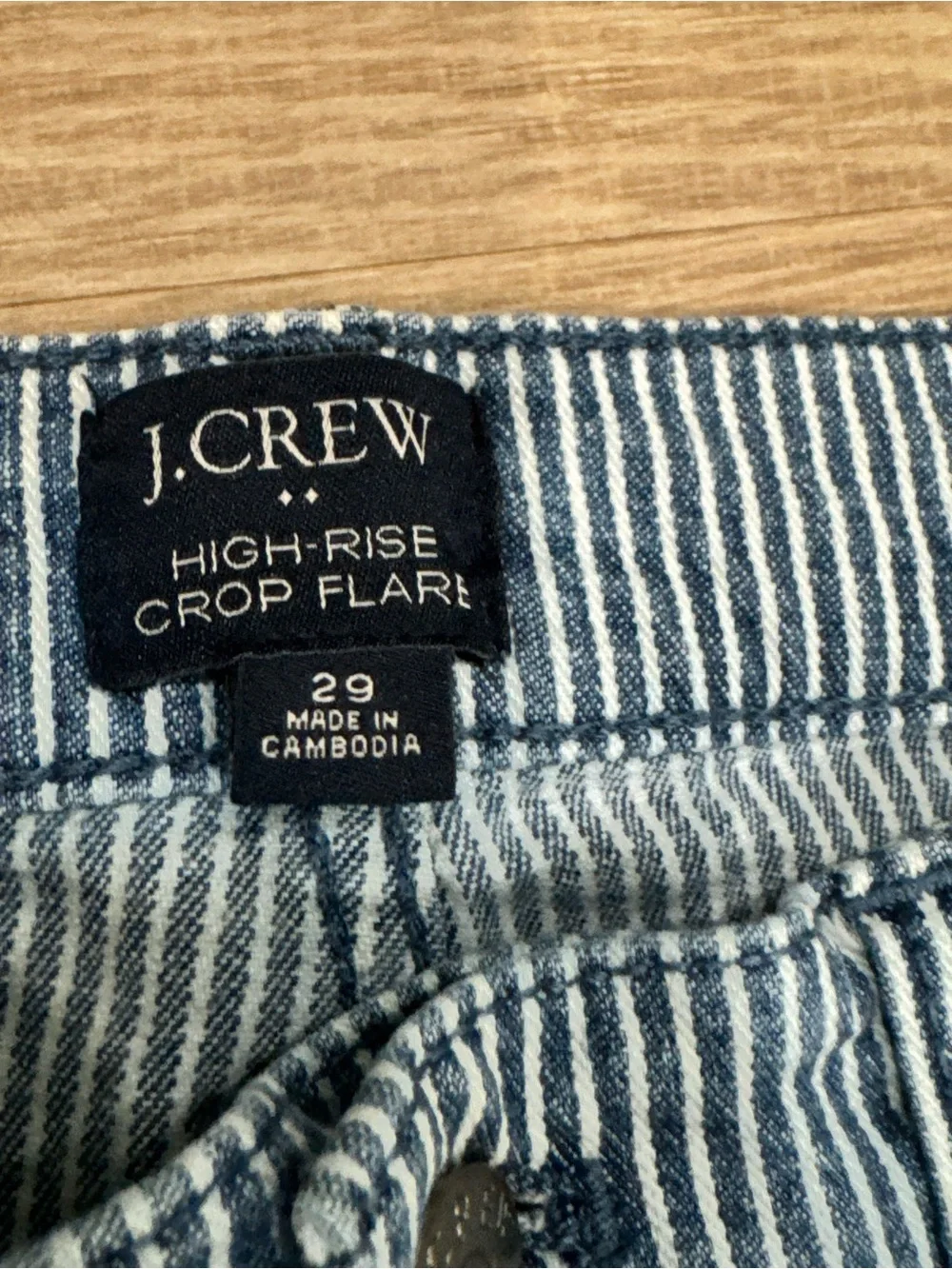 J.Crew High Rise Crop Flare Railroad Stripe Jeans Size 29 Blue White Denim